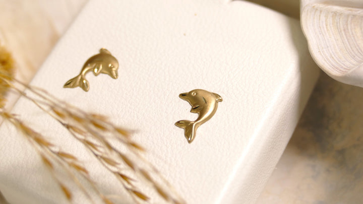 14k Yellow Gold Diamond Cut Dolphin Stud Earrings