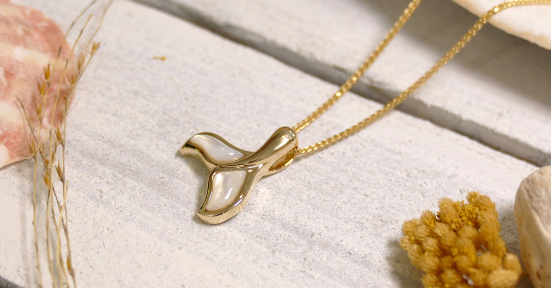 14k - Yellow Gold Mother of Pearl Whale Tail Pendant