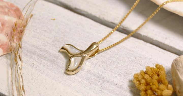 14k - Yellow Gold Mother of Pearl Whale Tail Pendant