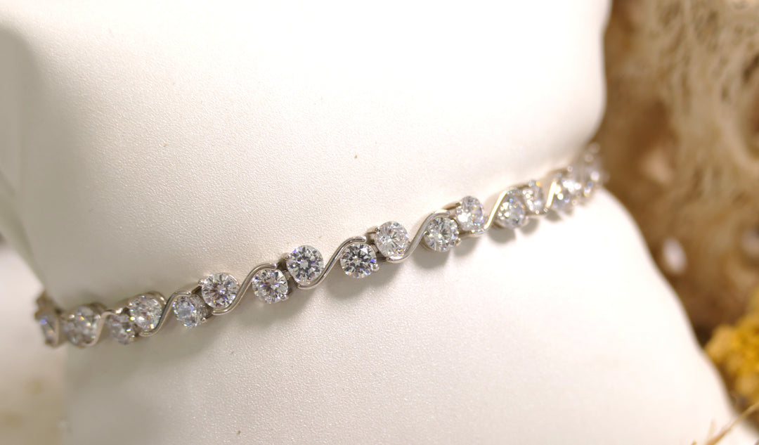 Sterling Silver - Platinum - Double Stone - Wave Simulated Diamonds Bracelet (7.25")