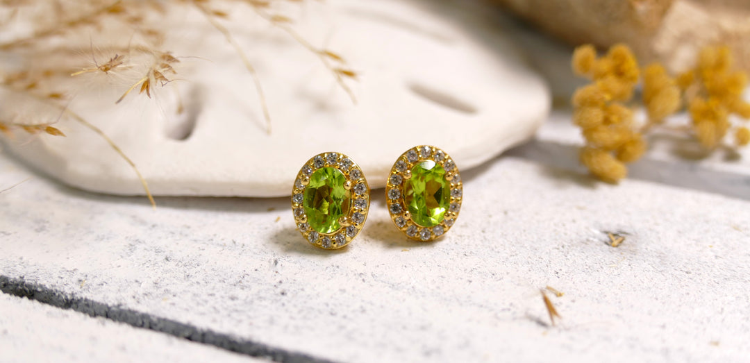 Sterling Silver - 14K Gold Plated CZ Halo 1.34ct Oval Peridot Stud Earrings