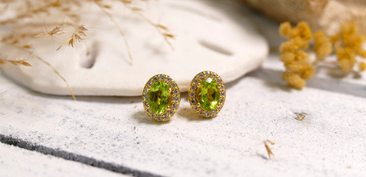Sterling Silver - 14K Gold Plated CZ Halo 1.34ct Oval Peridot Stud Earrings