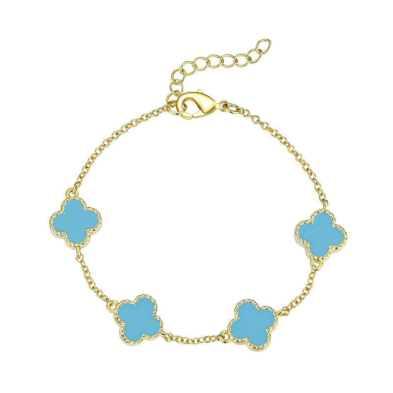 Lily Nily - Brass - 18K Gold Plated - Turquoise Enamel Clover Link Bracelet 5.5-6.5"