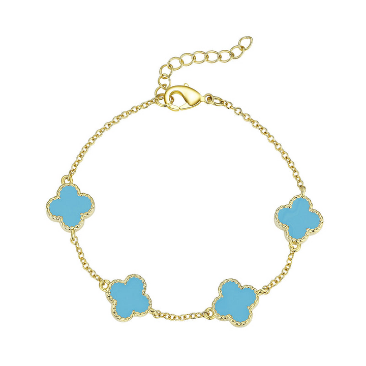 Lily Nily - Brass - 18K Gold Plated - Turquoise Enamel Clover Link Bracelet 5.5-6.5"