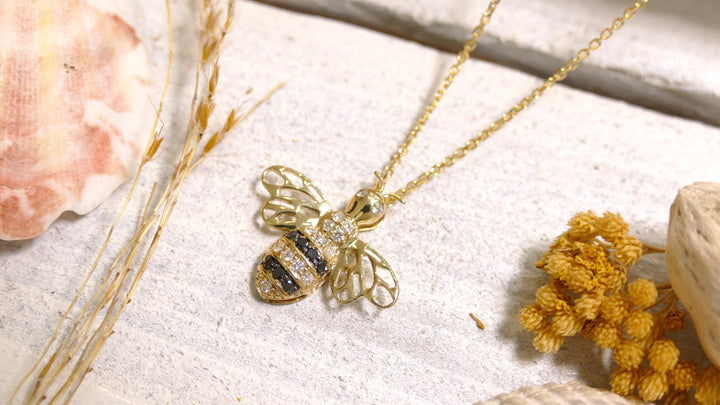 14k Yellow Gold Bumble Bee + Black Diamonds 0.08ct 0.12ct Diamond Necklace