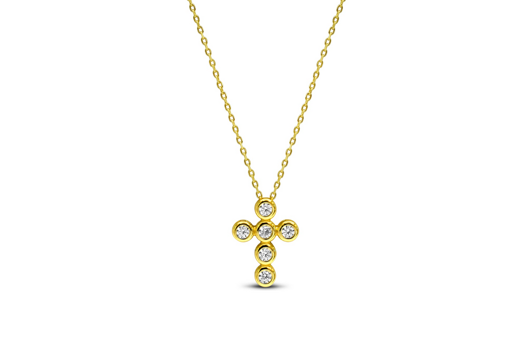 Stia - Sterling Silver - 14K Gold Plated Cubic Zirconia Cross 15-17" Necklace