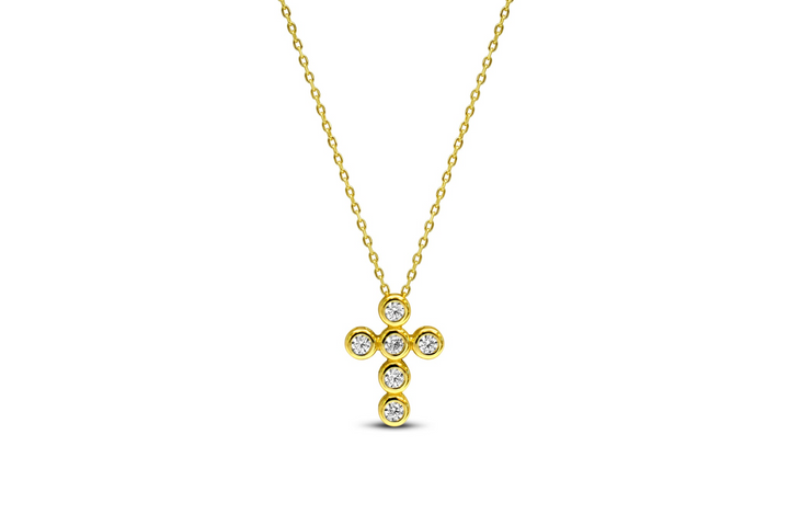 Stia - Sterling Silver - 14K Gold Plated Cubic Zirconia Cross 15-17" Necklace