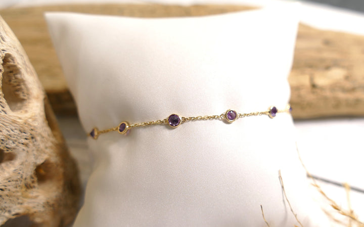 14k Yellow Gold Amethyst Station Chain Bracelet