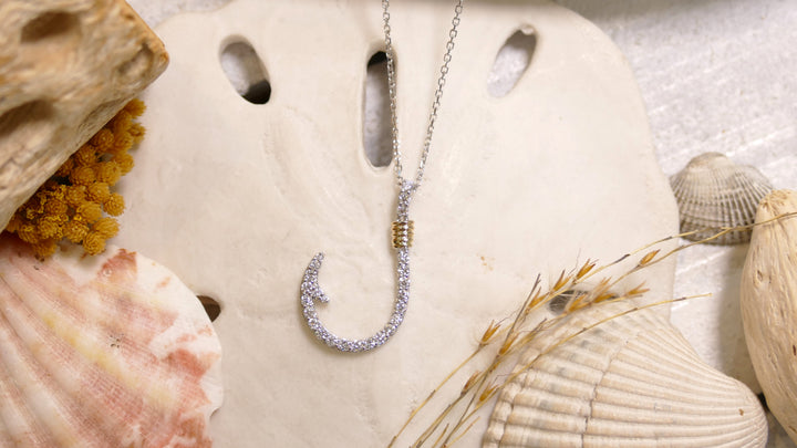 14k White Gold Two Tone Fish Hook 0.29ct Diamond Necklace