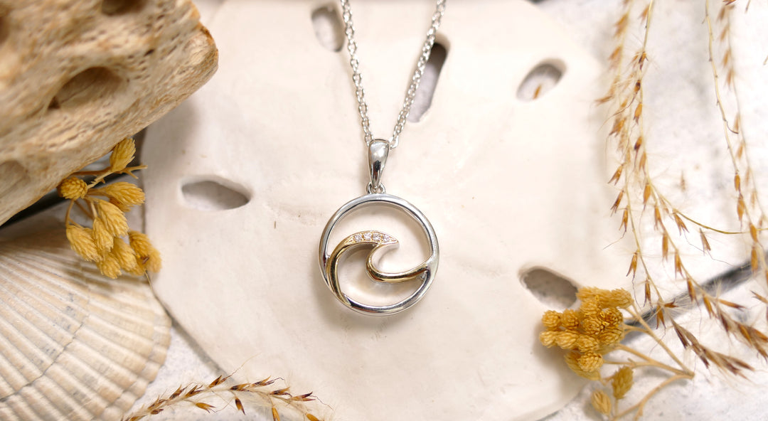 Sterling Silver - Two Tone 14KY Round Natural Diamond Wave Necklace