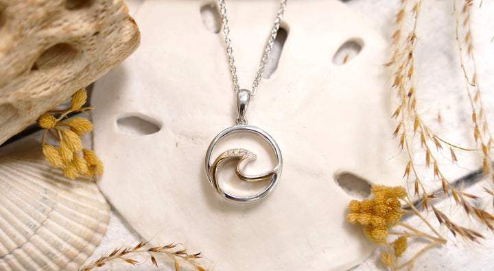 Sterling Silver - Two Tone 14KY Round Natural Diamond Wave Necklace