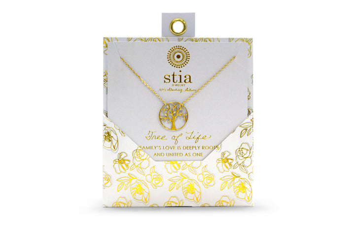 Stia - Sterling Silver - 14K Gold Plated Cubic Zirconia Round 15-17" Tree of Life Necklace