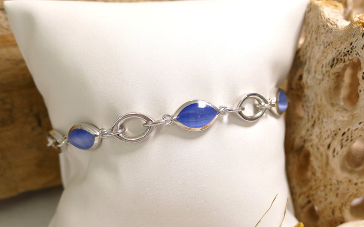 Sterling Silver - Silver Alternating - Blue Cat Eye - Oval Link Bracelet