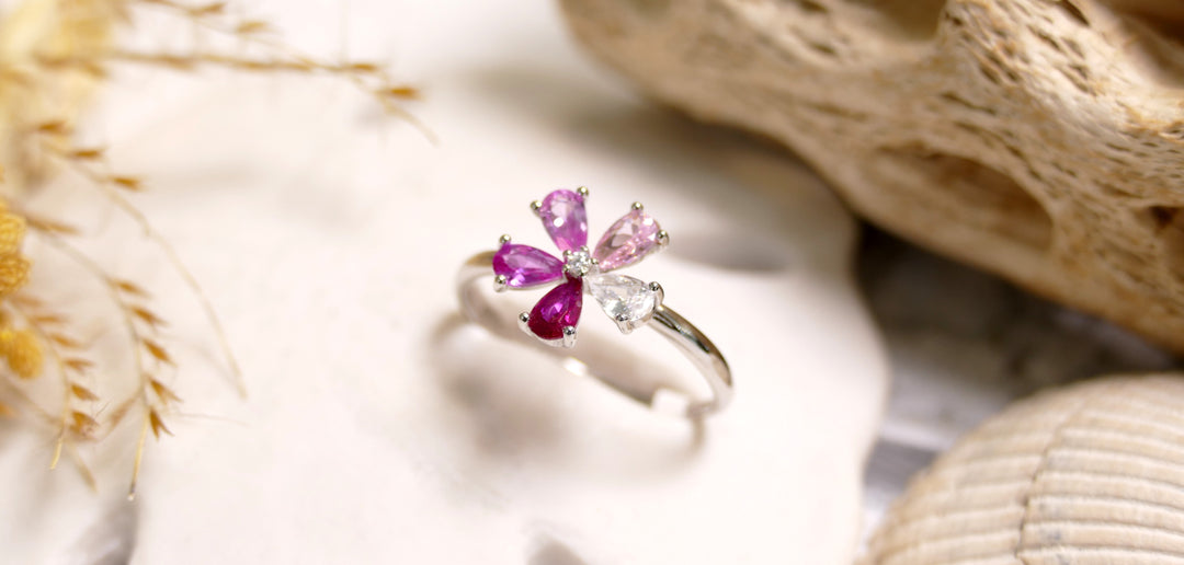 Sterling Silver - Silver Pink Flower Cubic Zirconia Ring (Adjustable)