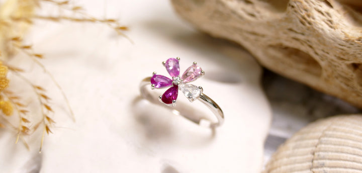 Sterling Silver - Silver Pink Flower Cubic Zirconia Ring (Adjustable)