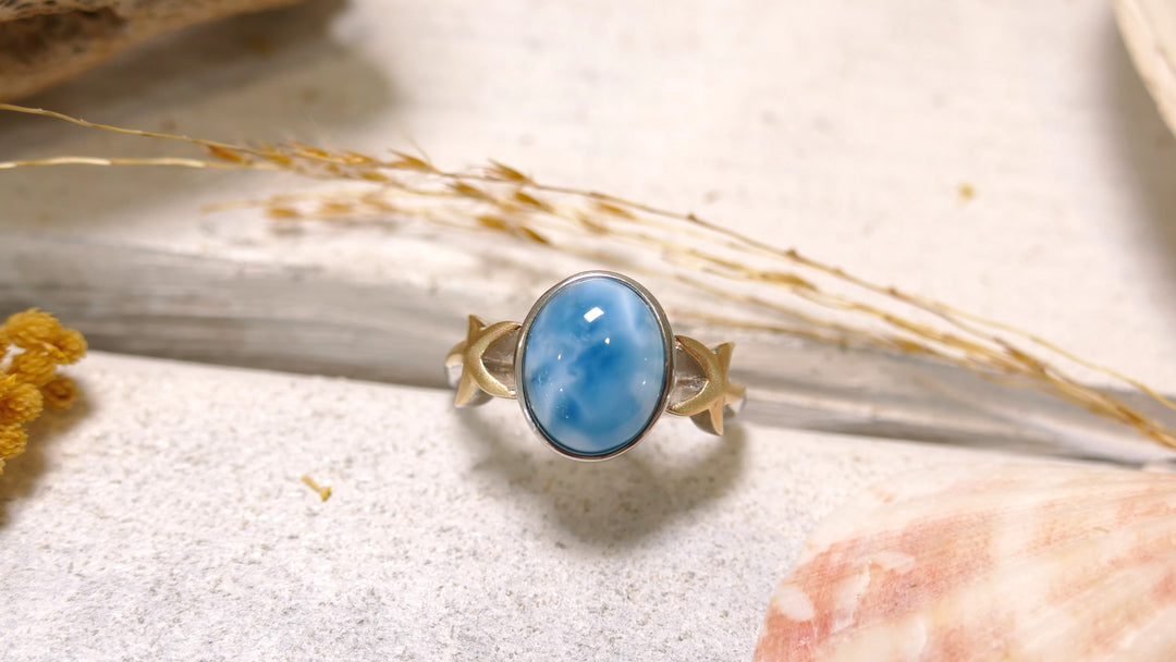 Sterling Silver - Two Tone 14KY Starfish Oval Larimar Ring