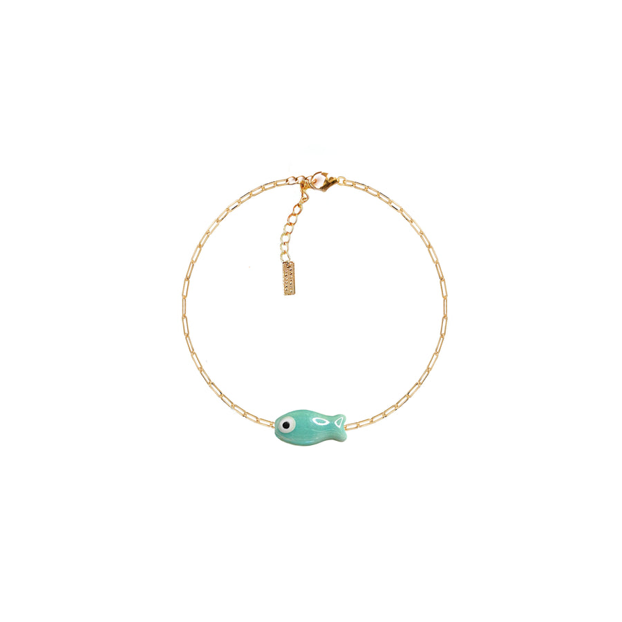 Adriana Pappas - Ceramic - 14K Gold Filled - Turquoise - Chain Fish Bracelet 6.25-7.25"