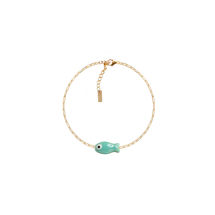 Adriana Pappas - Ceramic - 14K Gold Filled - Turquoise - Chain Fish Bracelet 6.25-7.25"