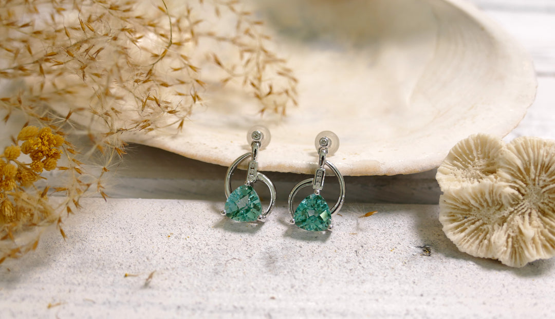 14k White Gold Trillion Cut 4.6ct Caribbean Topaz Stud Earrings