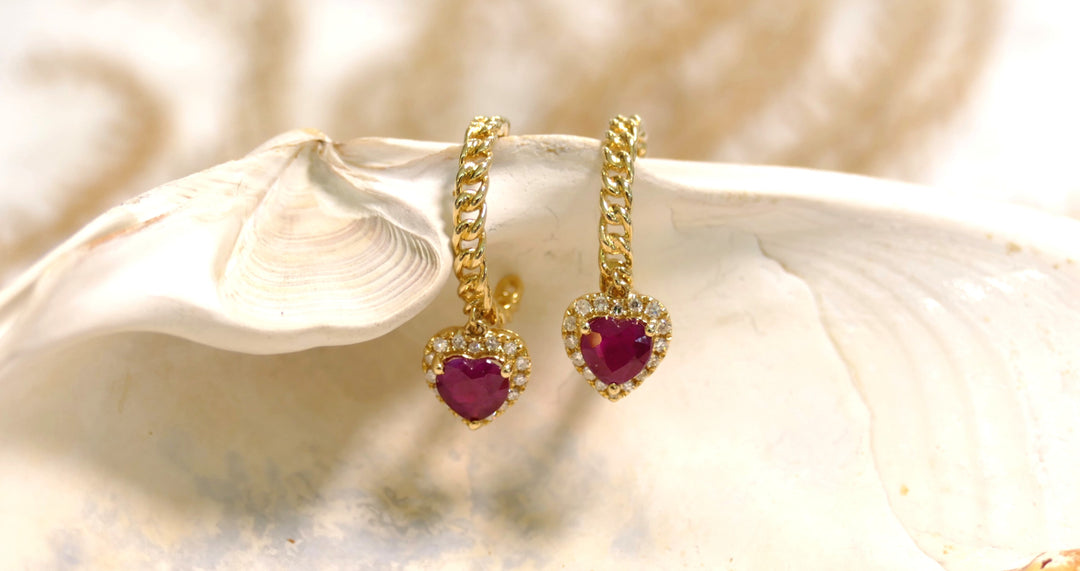 14k Yellow Gold Heart Ruby Hoop Earrings