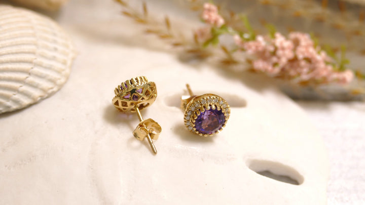 14k Yellow Gold Round 0.19ct Amethyst Diamond Halo Stud Earrings