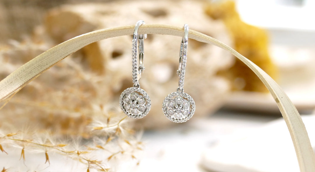 10k - White Gold - Floral - .65ct Round Natural Diamond Lever Back Earrings