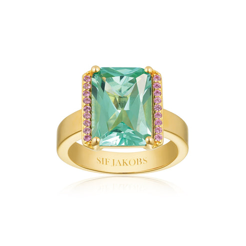 Sif Jakobs - Sterling Silver - 18K Gold Plated "Roccanova Altro Grande" Gren & Pink Cubic Zirconia Ring (Size 6.75 / 54)