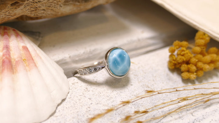 Sterling Silver - Silver CZ Round Larimar Ring (Size 7)