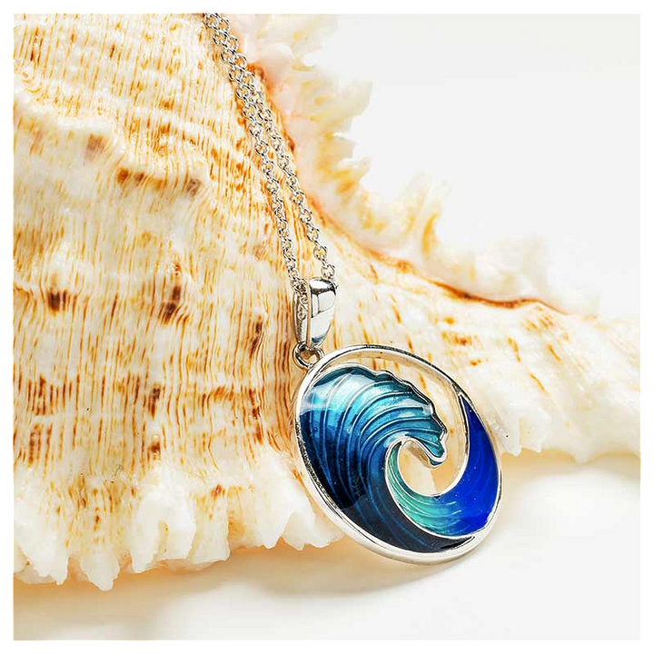 Ocean - Sterling Silver - Silver Aqua/Blue Enamel Round Wave Necklace
