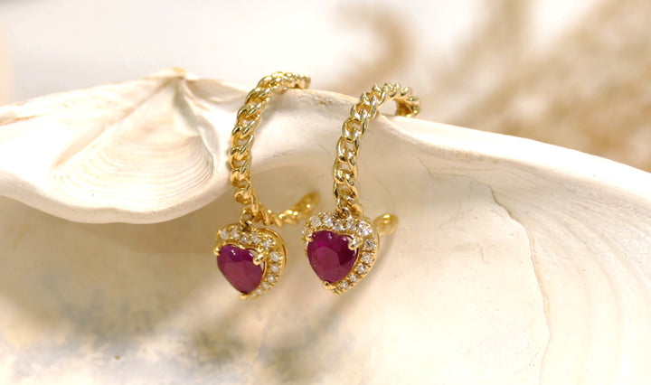 14k Yellow Gold Heart Ruby Hoop Earrings