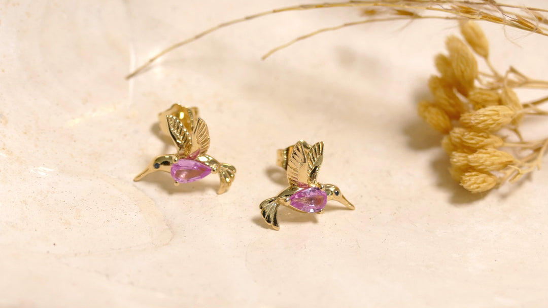 14k - Yellow Gold Hummingbird Pink Sapphire Stud Earrings