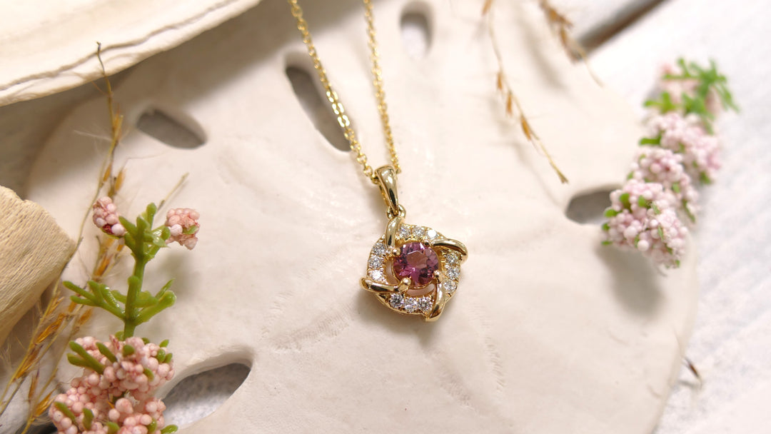14k Yellow Gold Accent Diamonds - Estate Style - .45ct/0.18ct Pink Tourmaline Round Pendant