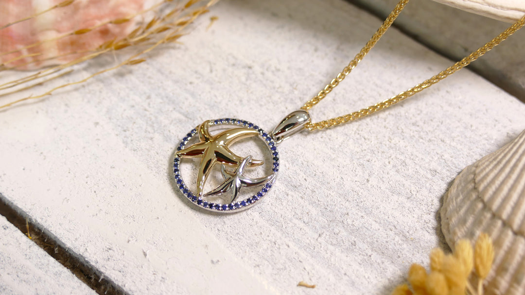 14k - Two Tone Double Starfish Sapphire Pendant