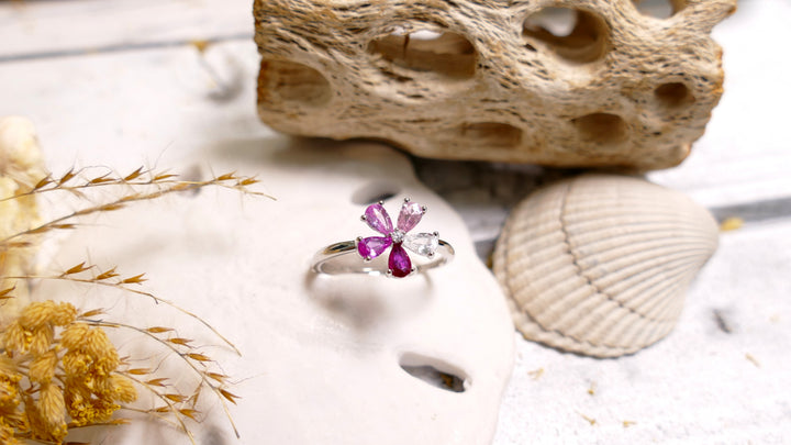 Sterling Silver - Silver Pink Flower Cubic Zirconia Ring (Adjustable)
