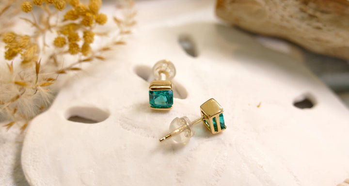 14k Yellow Gold Square 2.0ct Paraiba Tourmaline Stud Earrings