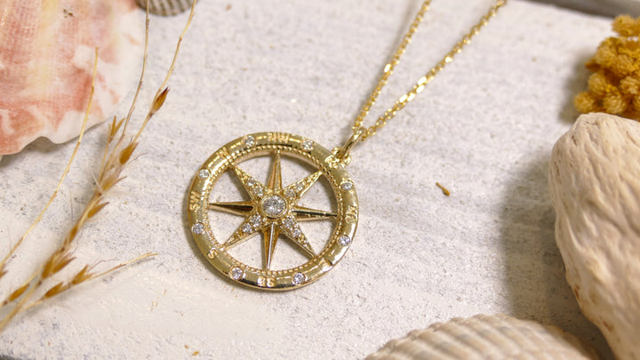 14k Yellow Gold Compass 0.15ct Diamond Necklace