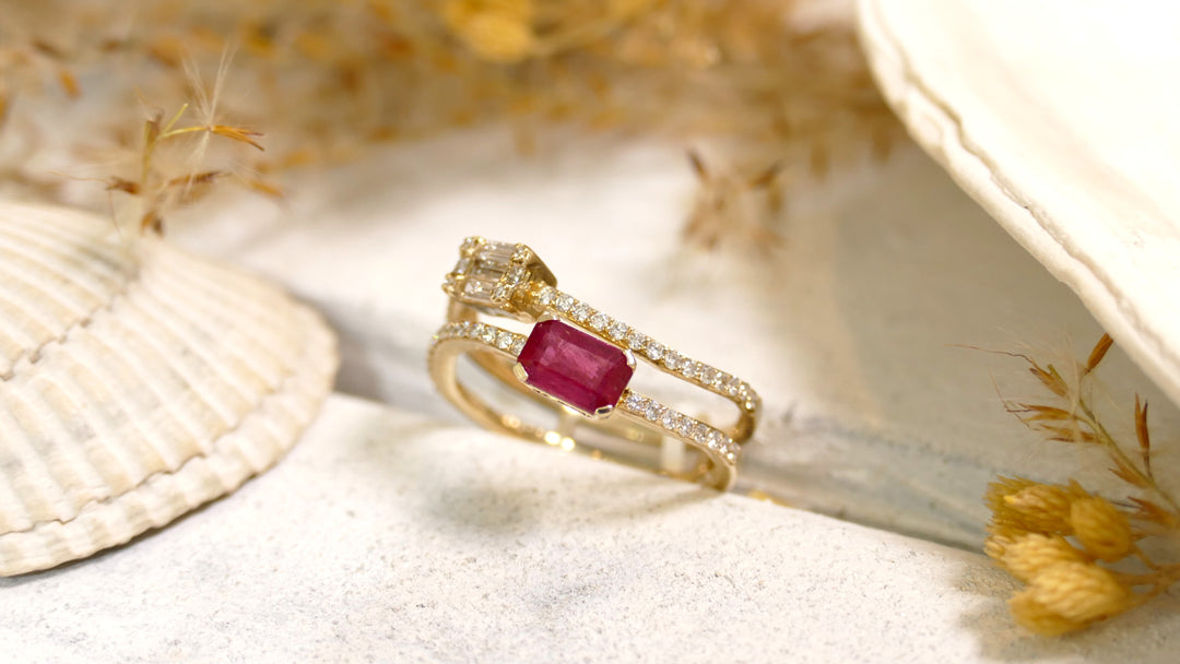 14k Yellow Gold Ruby Natural Diamonds 0.26ct Emerald Cut Double Wave Ring
