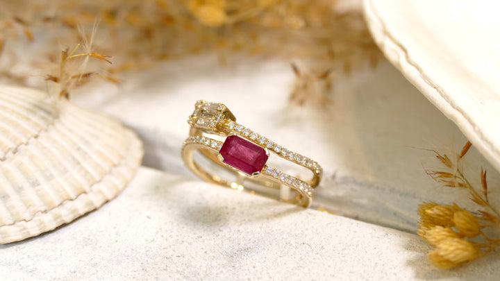 14k Yellow Gold Ruby Natural Diamonds 0.26ct Emerald Cut Double Wave Ring