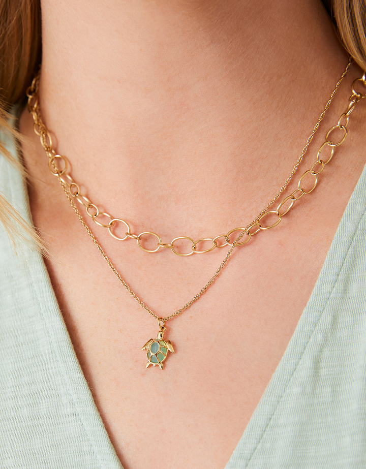 Stainless Steel 14K Gold Plated Glass Oval 18" Turtle Necklace