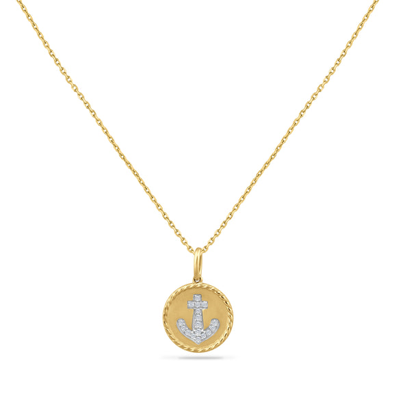 14k Yellow Gold 0.09ct. Natural Diamond Round 18" Anchor Necklace