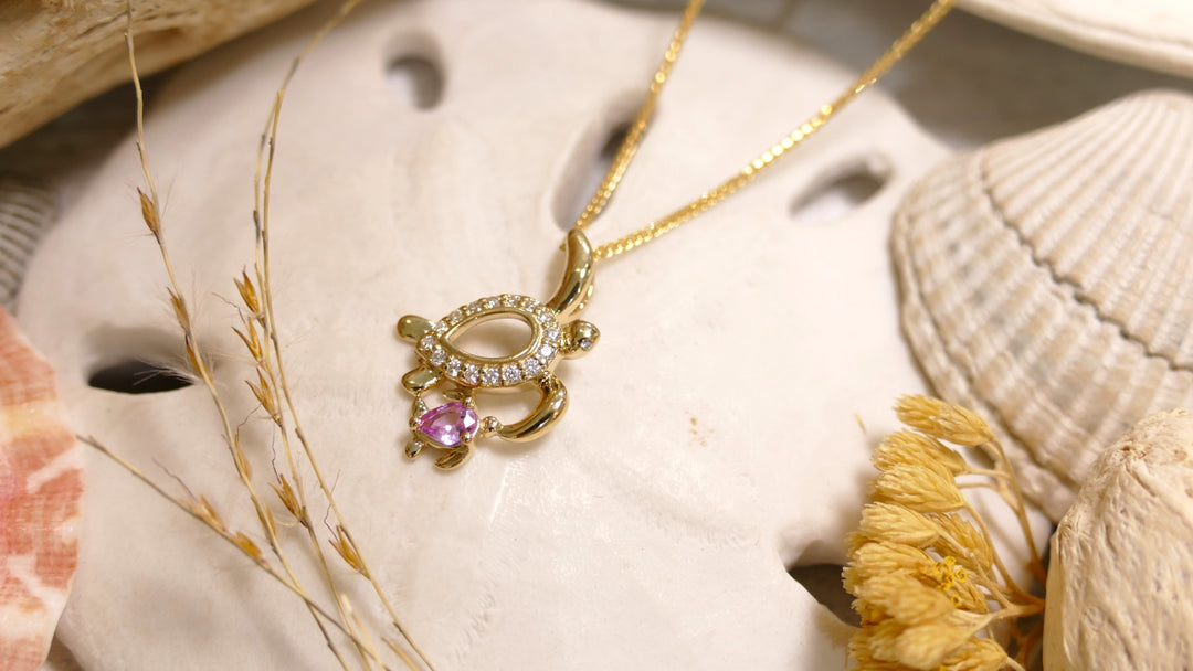 14k - Yellow Gold Pink Sapphire 0.16ct 0.12ct Natural Diamond Turtle Pendant