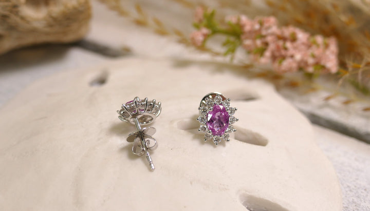 18k White Gold Oval .40ct + Accent Diamonds Pink Sapphire Starburst Halo Stud Earrings