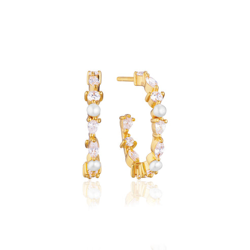Sif Jakobs - Sterling Silver - 18K Gold Plated "Adria Creolo Medio" Pearl & Clear Cubic Zirconia Hoop Earrings