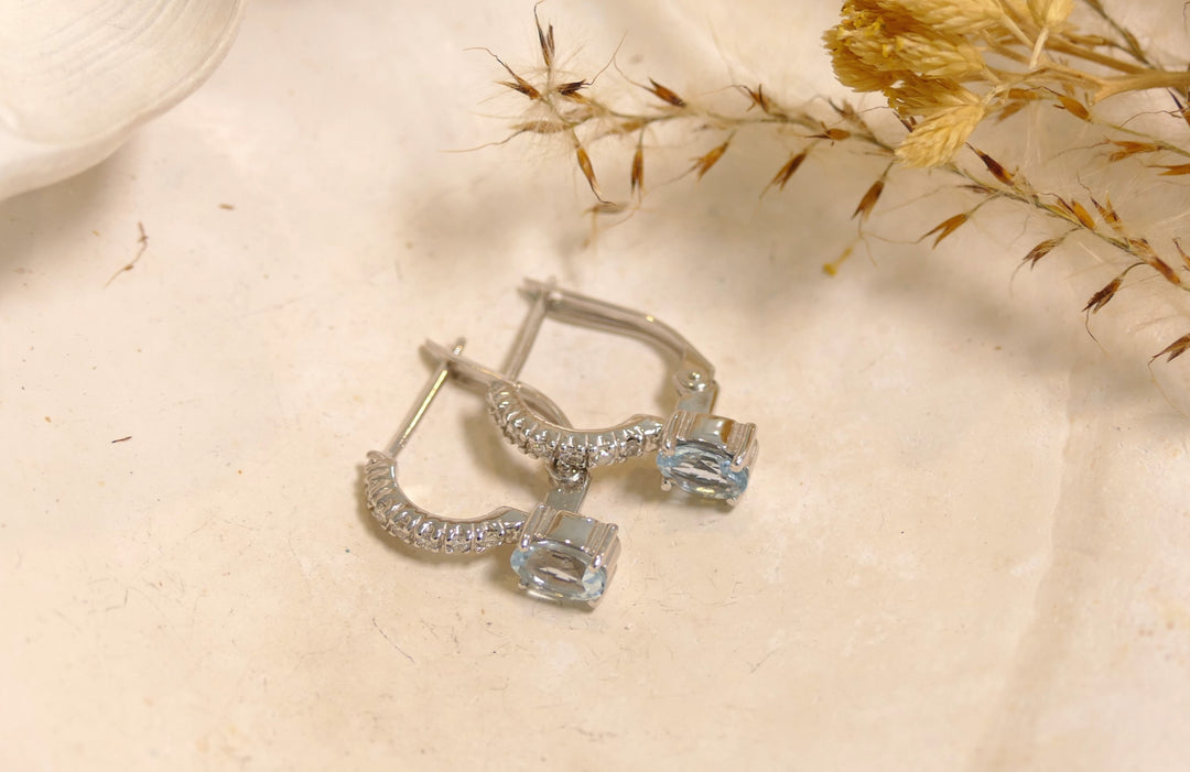 14k White Gold Oval .7ct Aquamarine Hoop Earrings