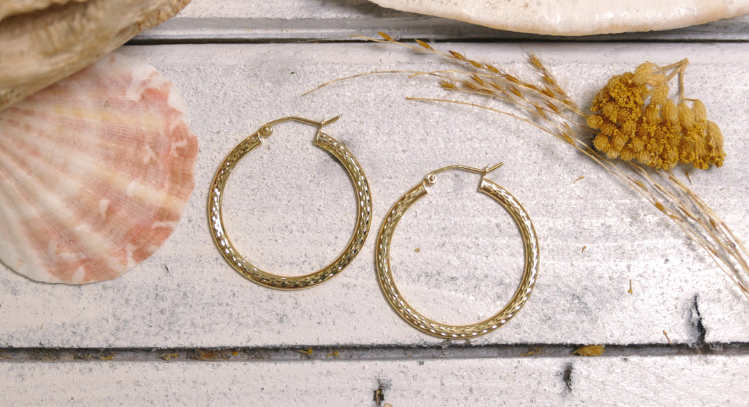 14k Yellow Gold Flat Diamond Cut Hoop Earrings