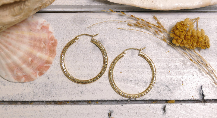 14k Yellow Gold Flat Diamond Cut Hoop Earrings