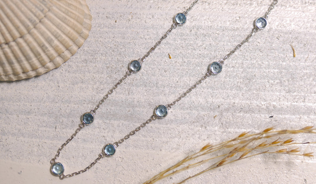 14k White Gold Station 3.18ct Blue Topaz Necklace