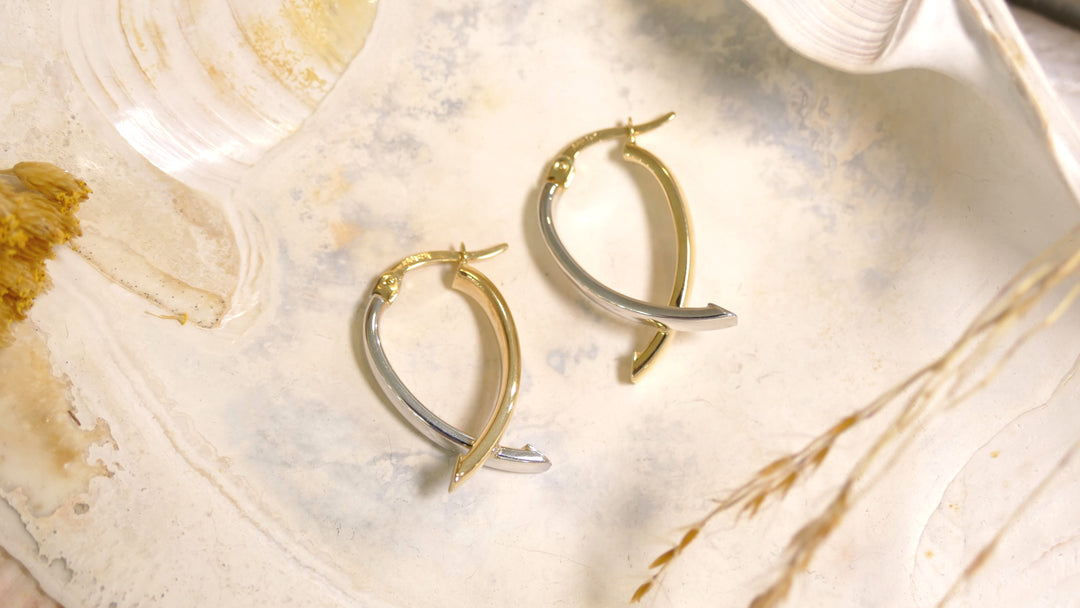 14k Two Tone Oval Bypass Hoop Earrings