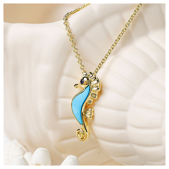 Ocean - 14k Gold Vermeil Turquoise Sea Horse Necklace 20" Adjustable Chain