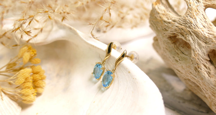 14k Yellow Gold Oval 1.8ct Blue Topaz Dangle Earrings